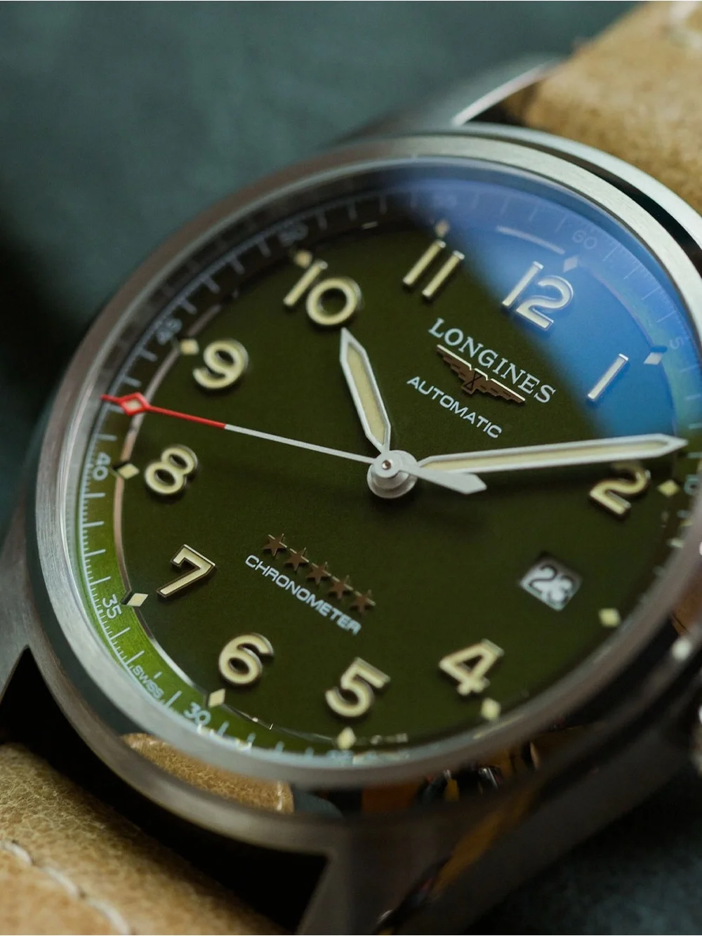 Longines Spirit Pilot Watch Green Dial  with Tan Leather Strap